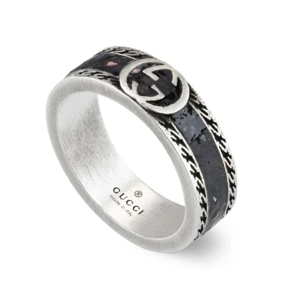 Gucci 745573 Interlocking GG Black Resin Sterling Silver 925 Ring Size 21 US 9.5